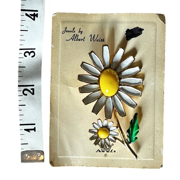 Vintage Albert Weiss Yellow & White Daisy Enamel Gold Tone Brooch Pin 3 Inches F - Picture 3 of 7
